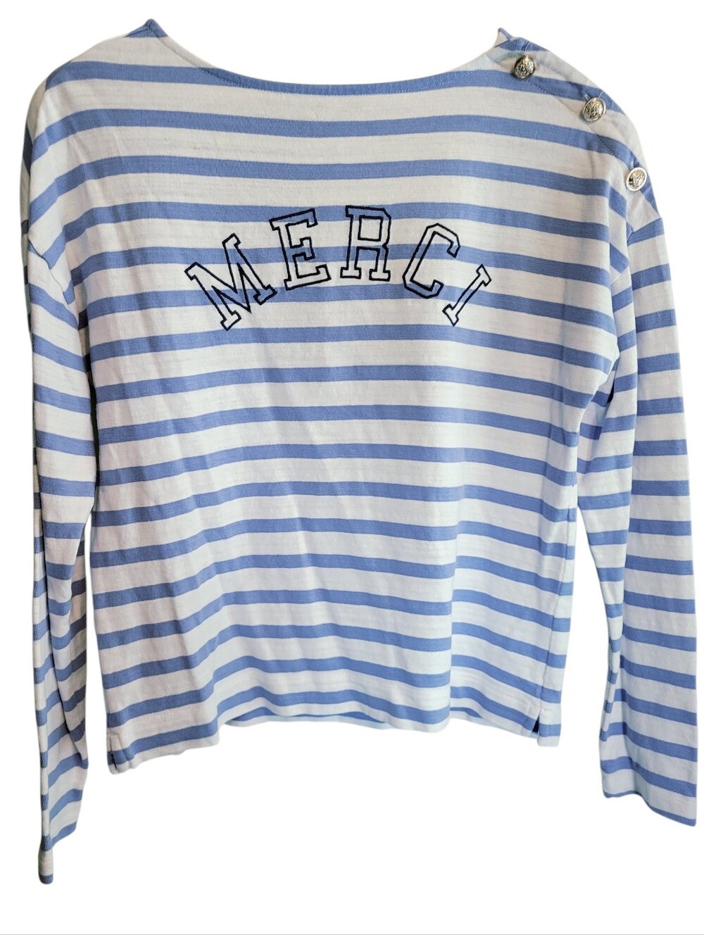LOFT Blue White Striped Merci Graphic Long Sleeve Top sweatshirt size small